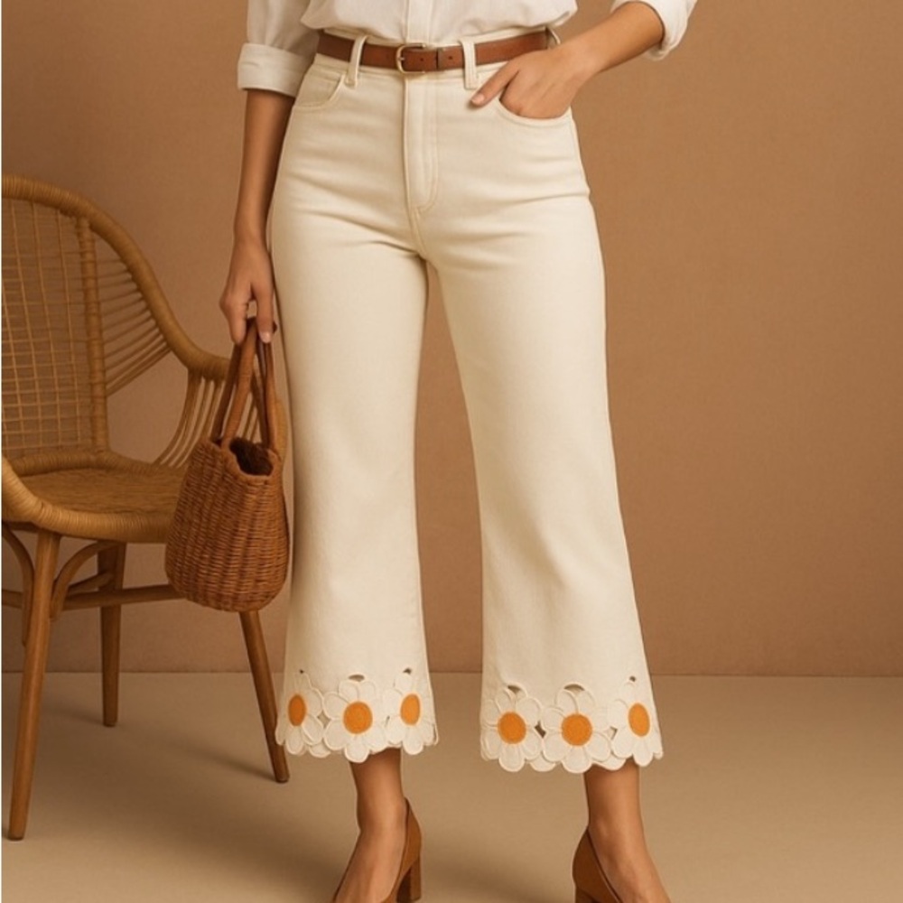 Anthropologie Cream Wide-Leg Jeans with Floral Cutwork